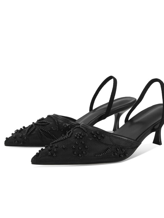 Shoes - Black Mesh Embroidered Beaded Kitten Heel Pointed-Toe Slingback, 11